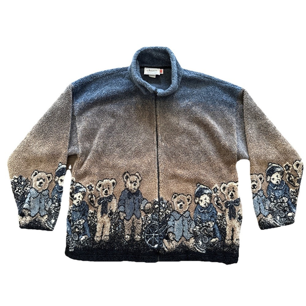 Vintage Amana Woolen Mill Men's M Bear Scenic Zip Fleece Sweater USA